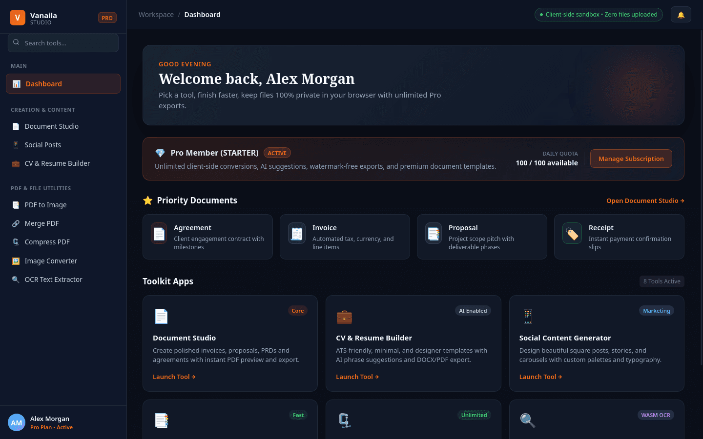 Vanaila Studio Pro Workspace Dashboard